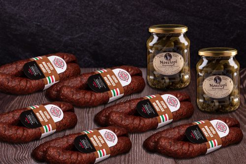 Tóalmási Csípős Füstölt MANGALICA Szárazkolbász Csomag 6 pár + ajándék 2 üveg csemege uborka